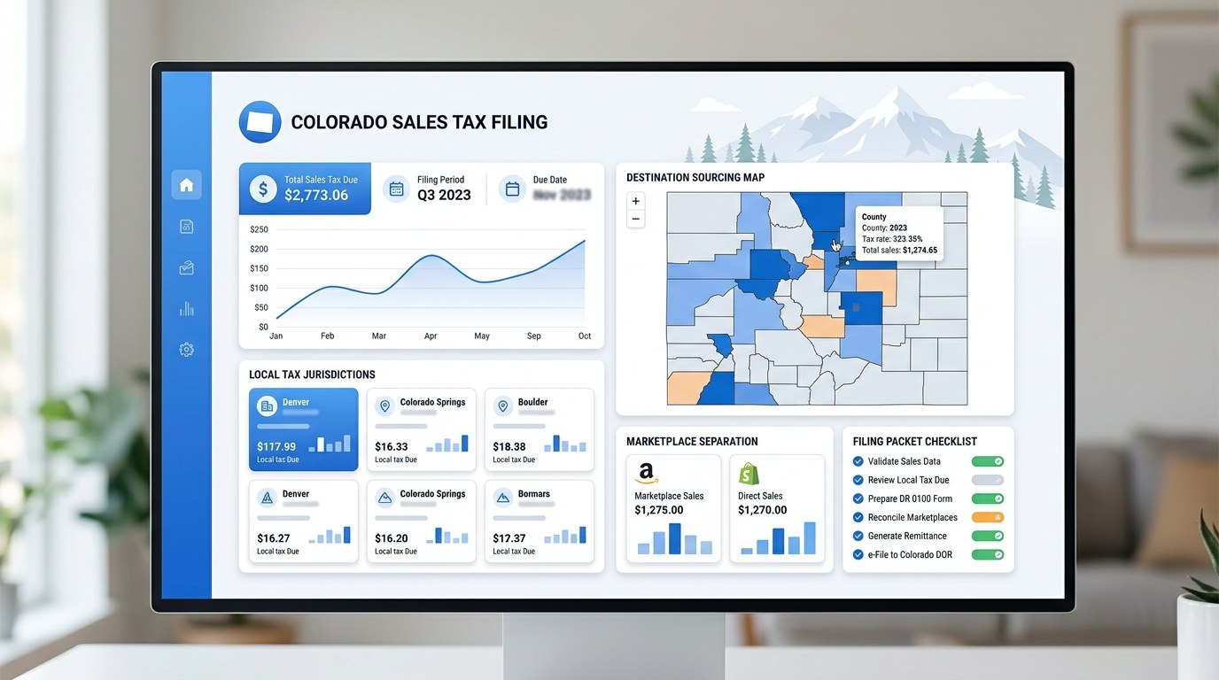 Modern ecommerce sales tax filing dashboard for Colorado merchants