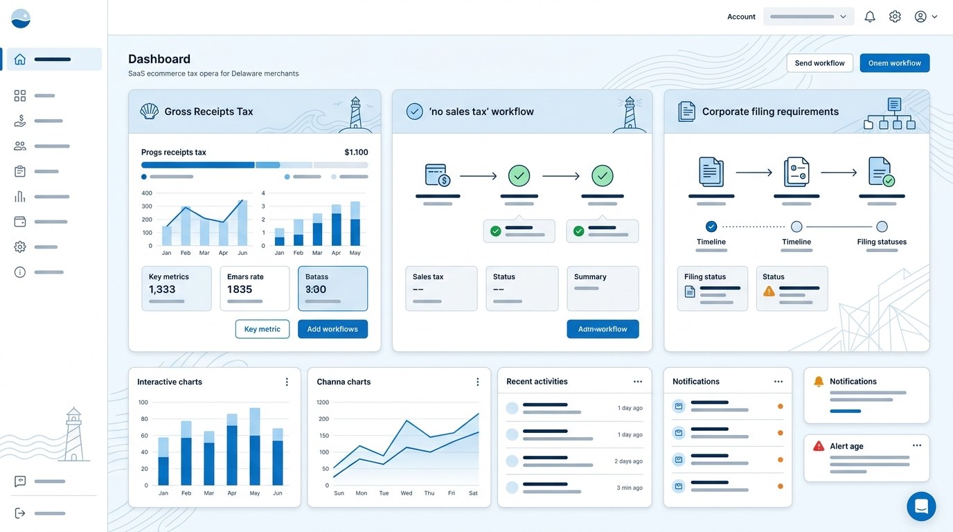Modern ecommerce sales tax filing dashboard for Delaware merchants