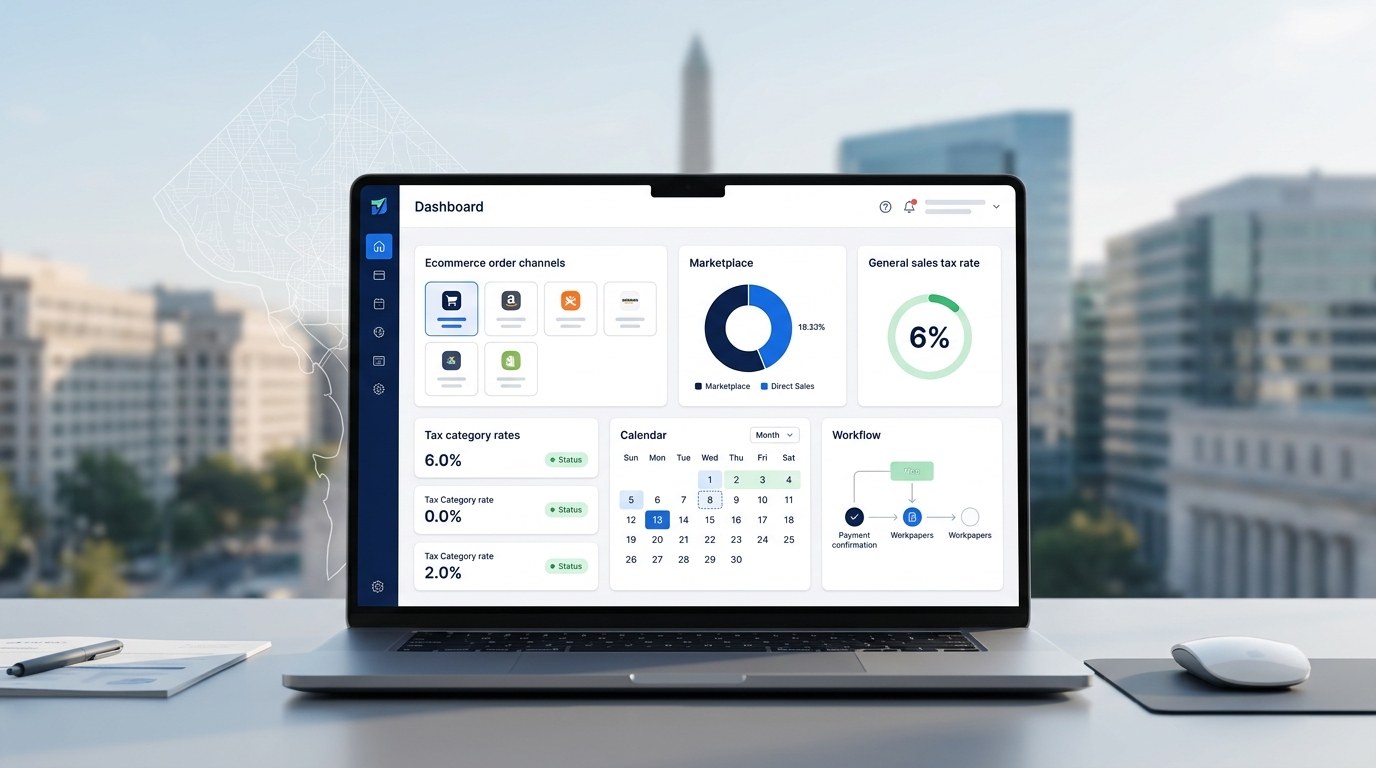 Modern ecommerce sales tax filing dashboard for District of Columbia merchants