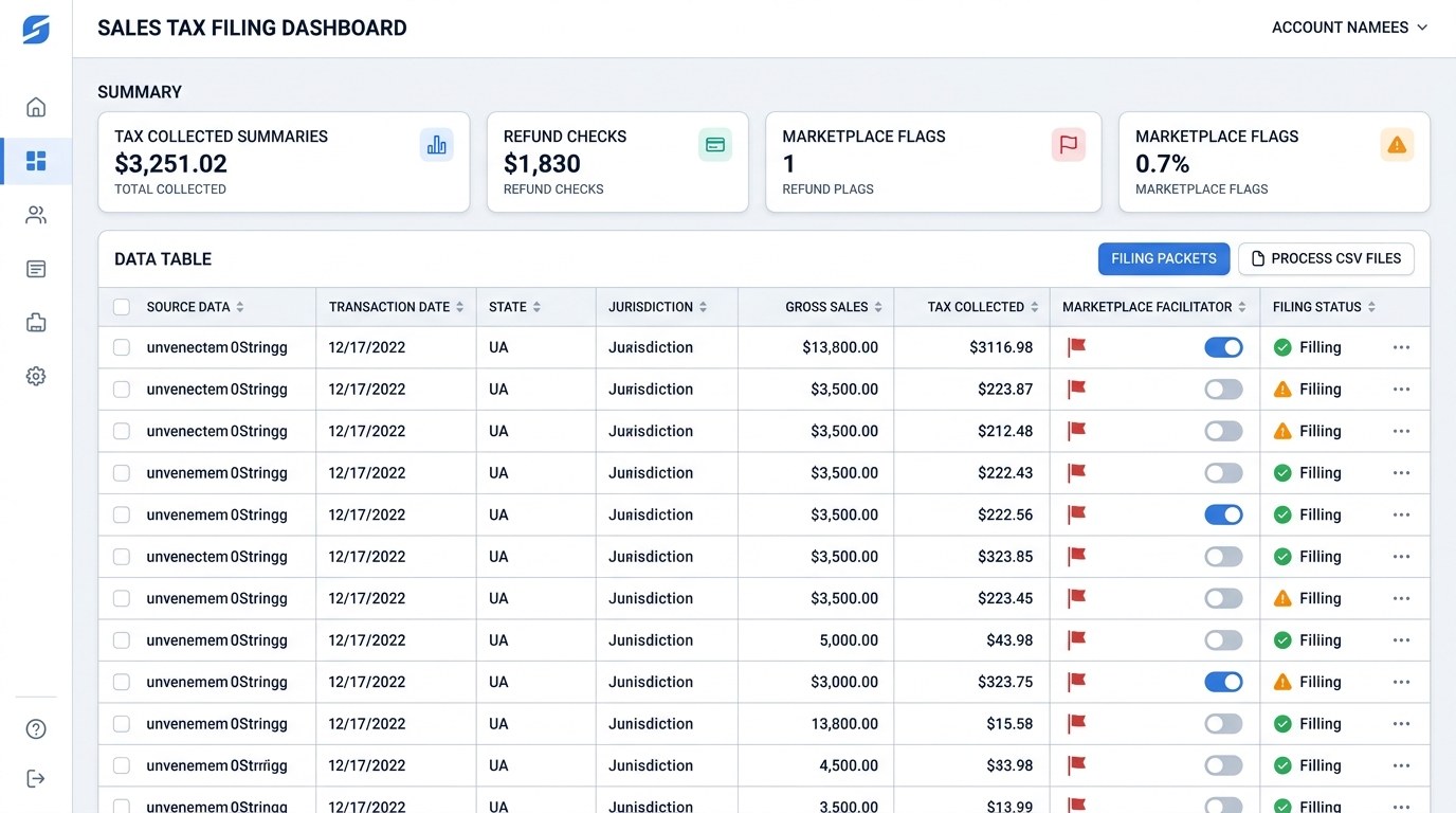 Modern sales tax filing dashboard transforming CSV rows into state filing packets