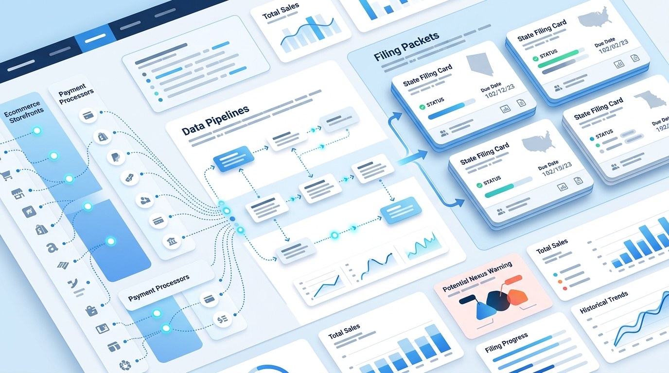 Modern sales tax workflow dashboard connecting ecommerce and marketplace data sources into filing packets