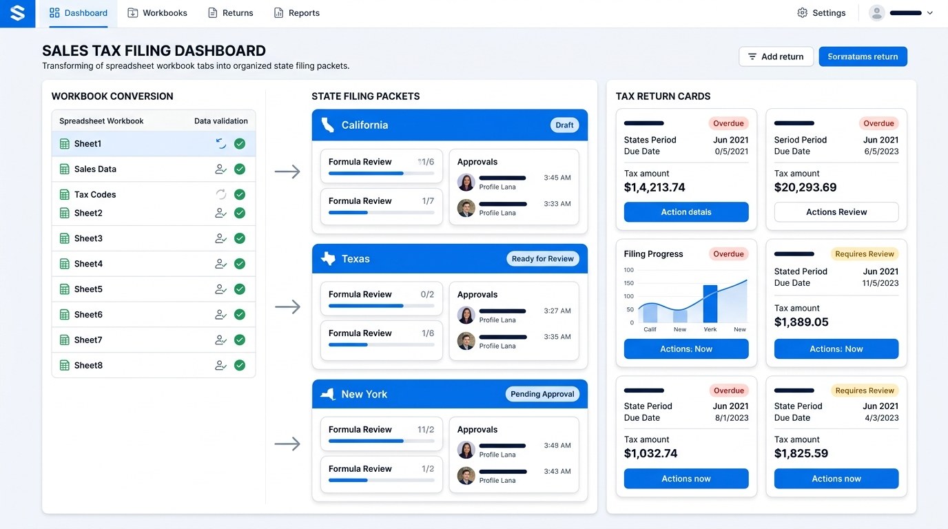 Modern sales tax filing dashboard transforming Excel spreadsheets into filing packets