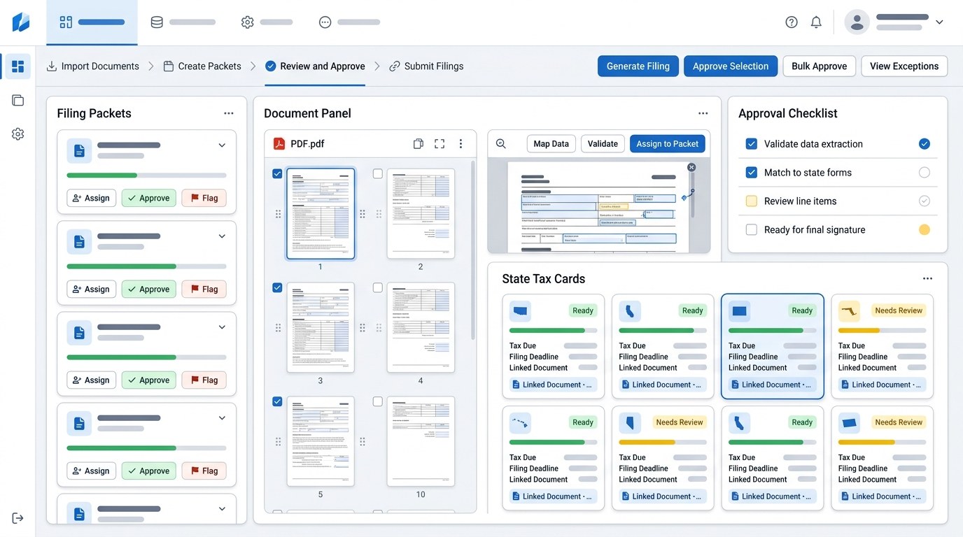 Modern sales tax filing dashboard extracting PDF reports into reviewable filing packets