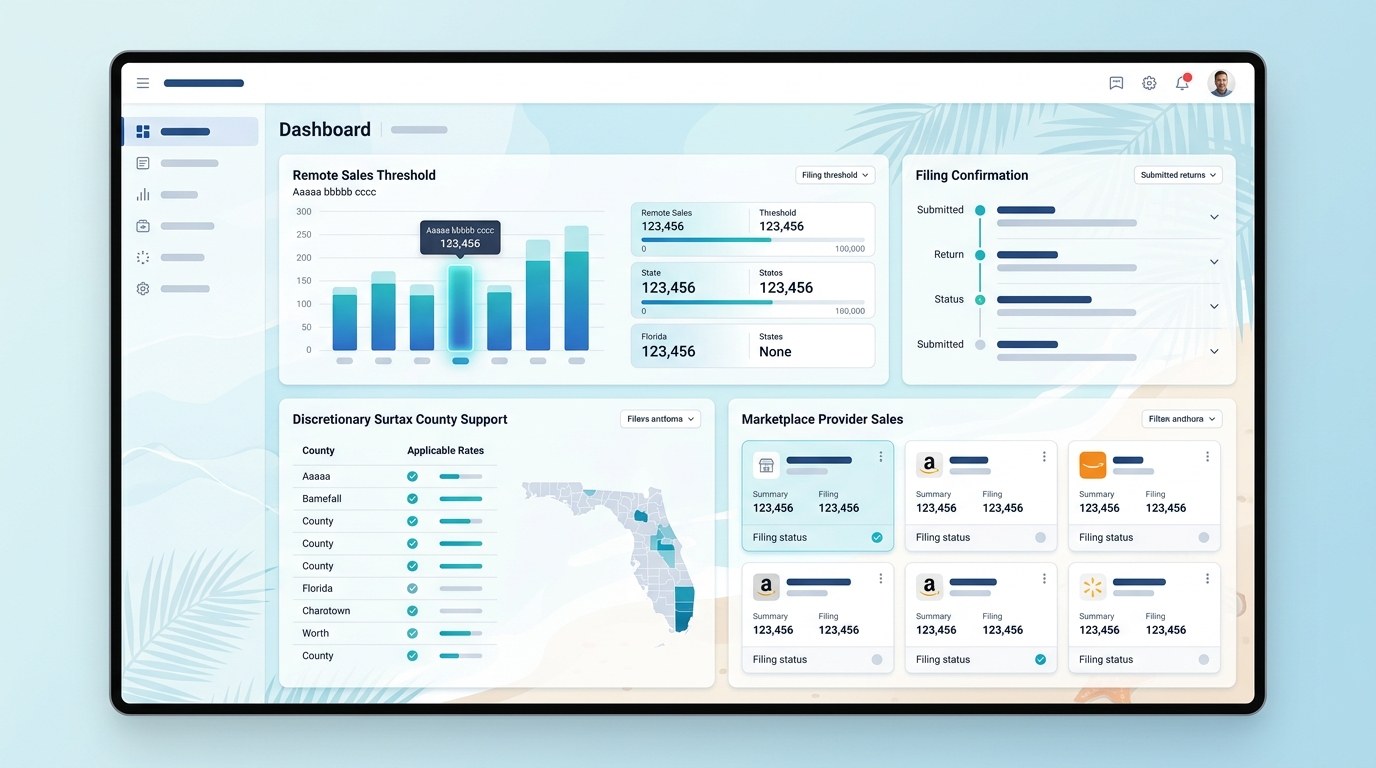 Modern ecommerce sales tax filing dashboard for Florida merchants