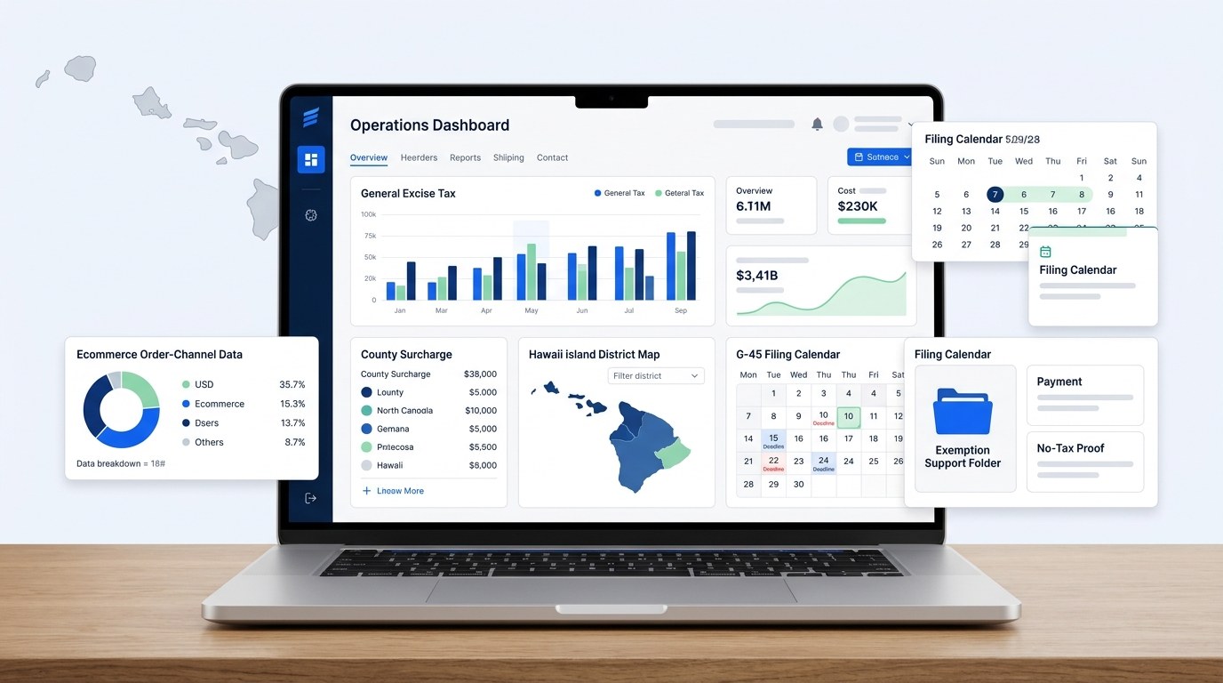 Modern ecommerce tax compliance dashboard for Hawaii merchants