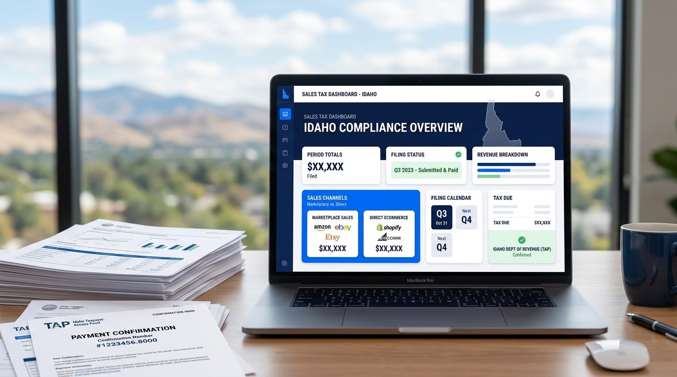 Modern ecommerce sales tax filing dashboard for Idaho merchants