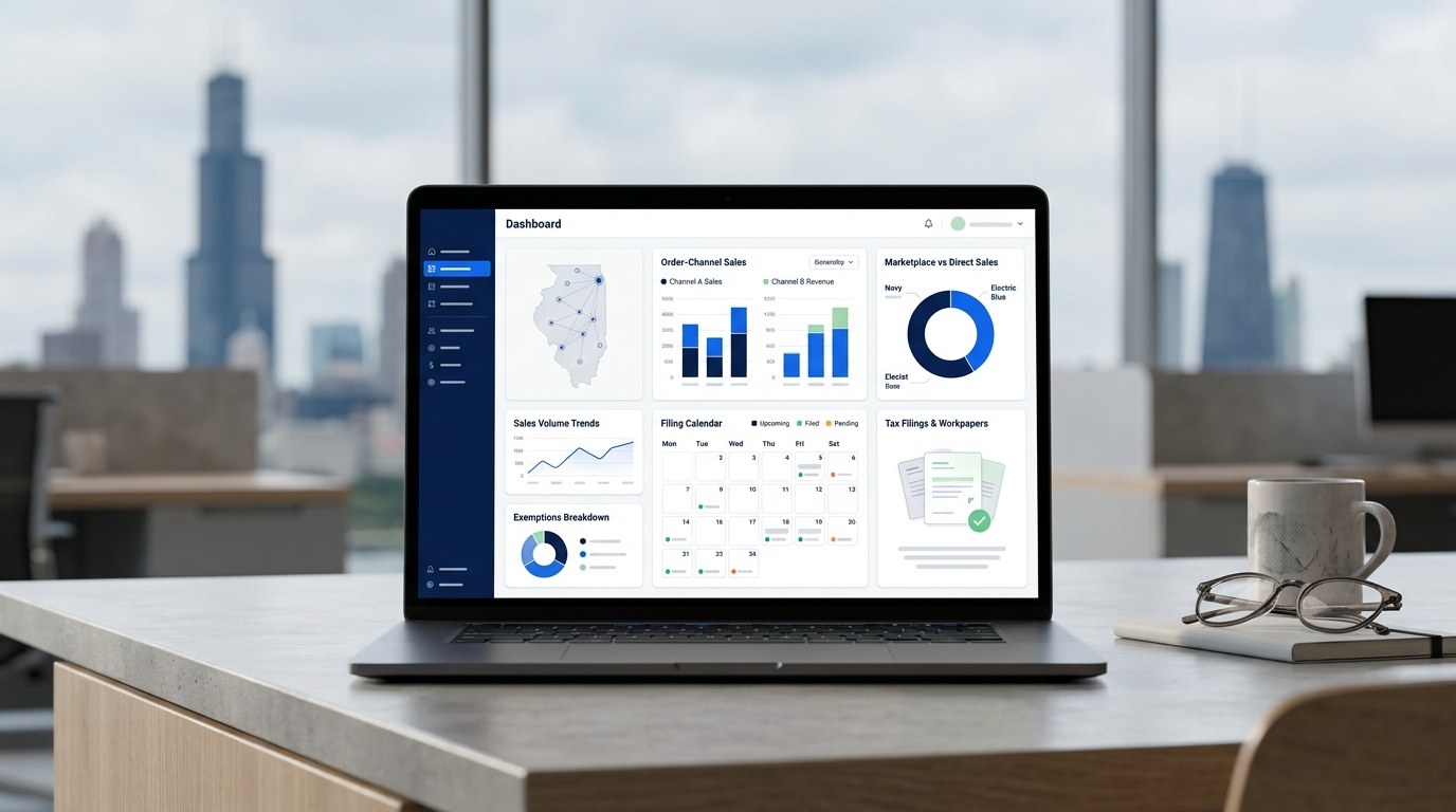 Modern ecommerce sales tax filing dashboard for Illinois merchants
