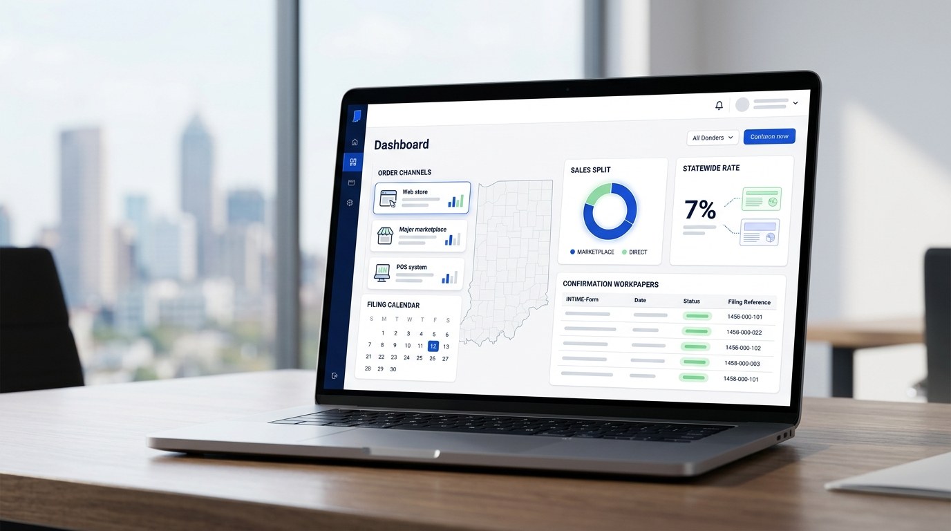 Modern ecommerce sales tax filing dashboard for Indiana merchants