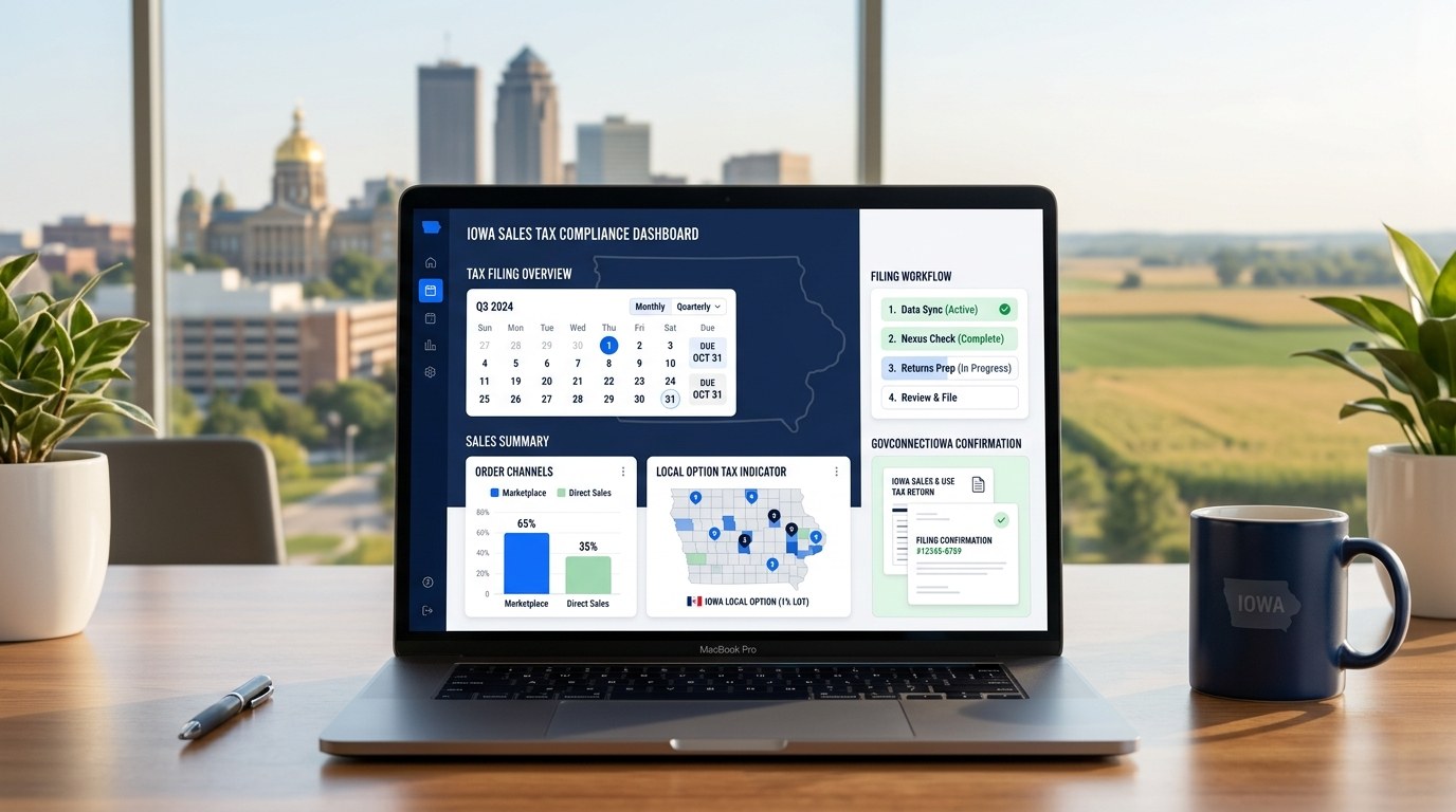 Modern ecommerce sales tax filing dashboard for Iowa merchants