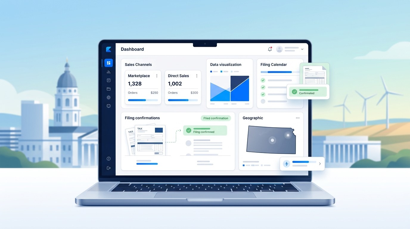 Modern ecommerce sales tax filing dashboard for Kansas merchants