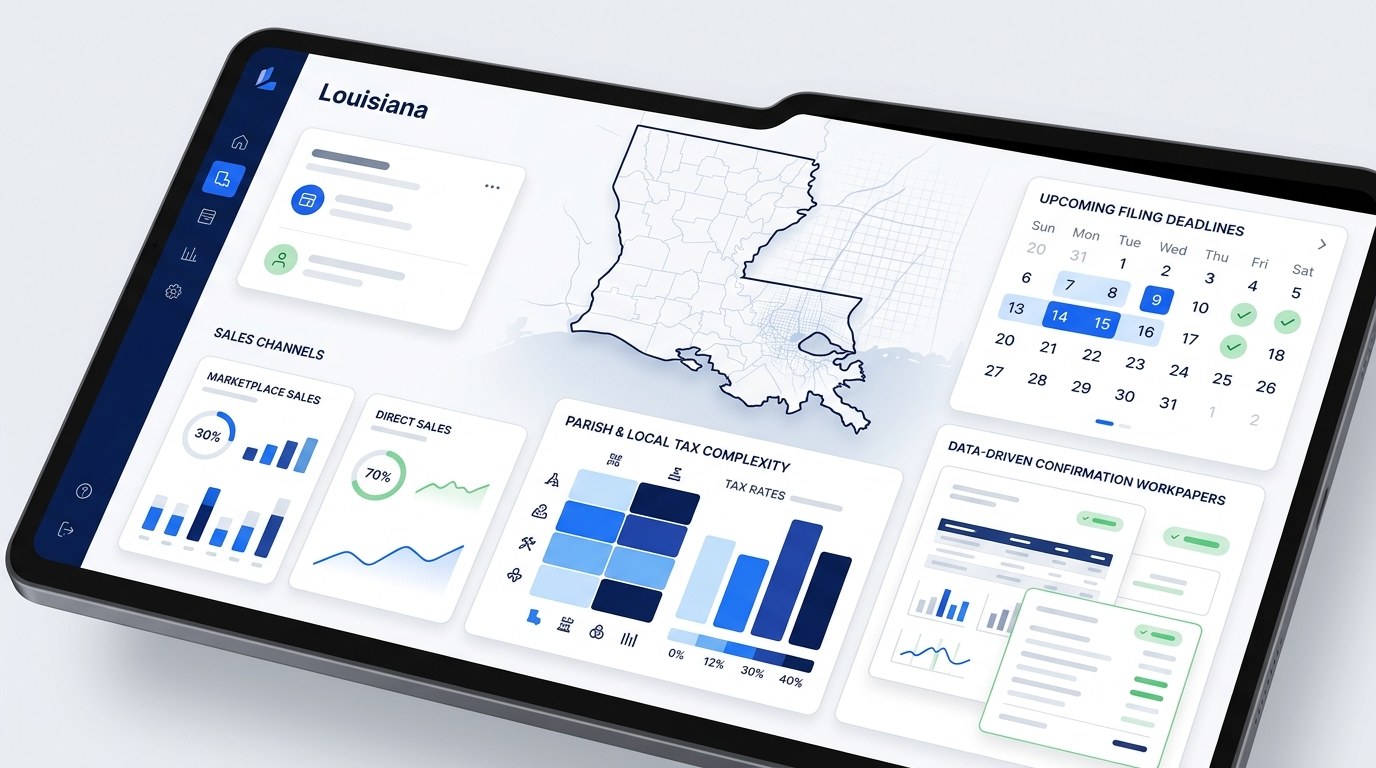 Modern ecommerce sales tax filing dashboard for Louisiana merchants