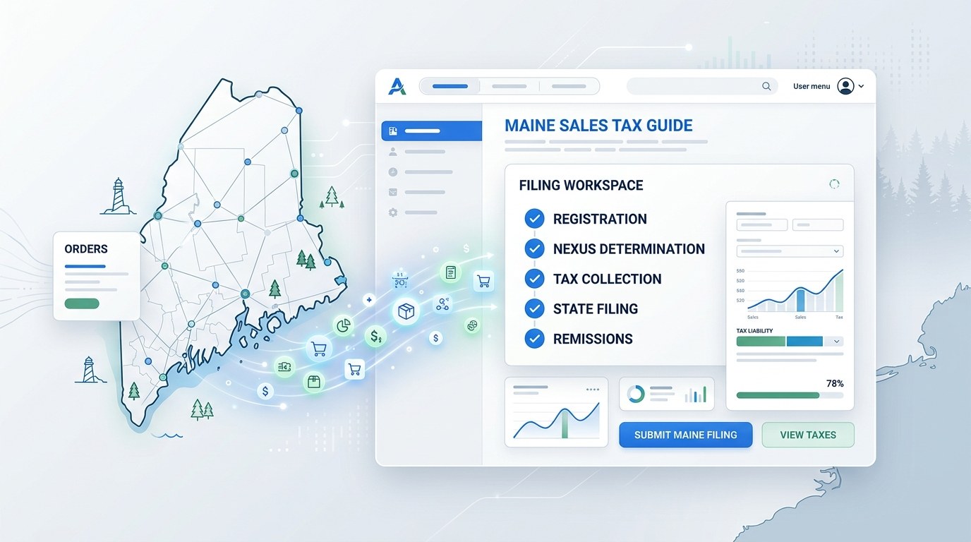 Modern ecommerce sales tax filing dashboard for Maine merchants