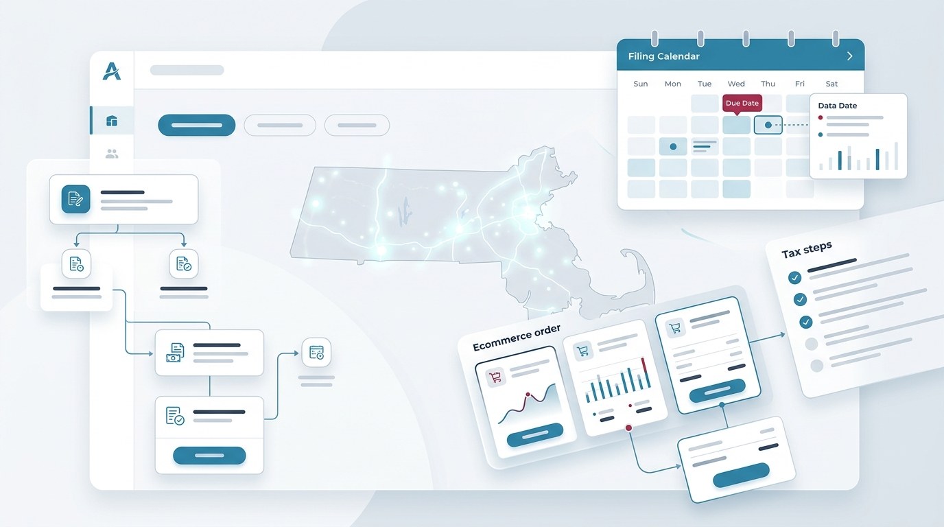 Modern ecommerce sales tax filing dashboard for Massachusetts merchants