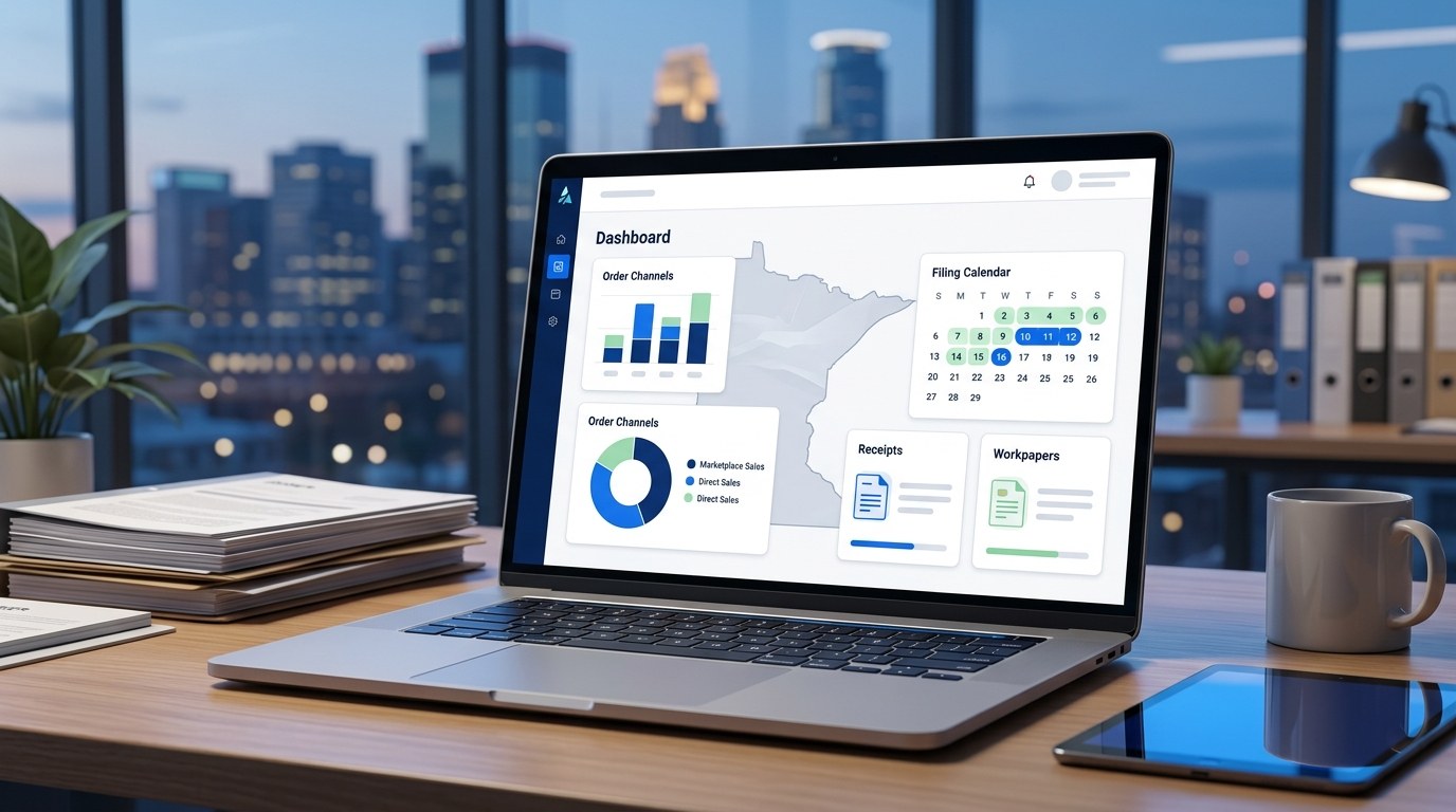 Modern ecommerce sales tax filing dashboard for Minnesota merchants