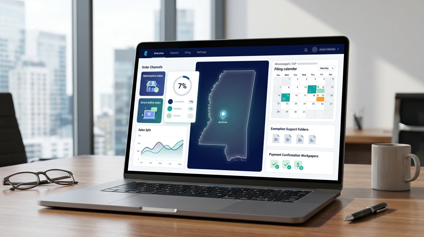 Modern ecommerce sales tax filing dashboard for Mississippi merchants