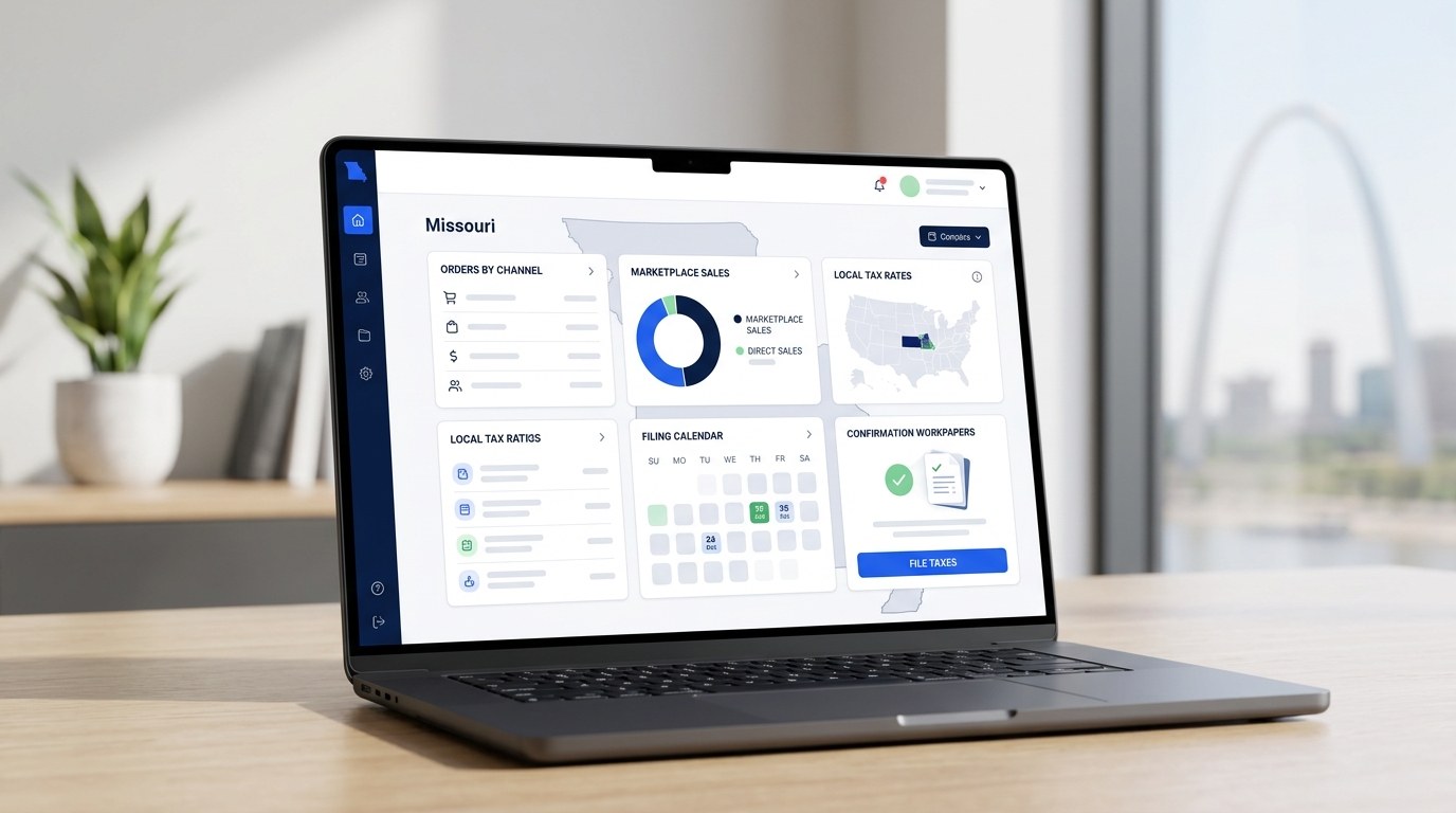 Modern ecommerce sales tax filing dashboard for Missouri merchants