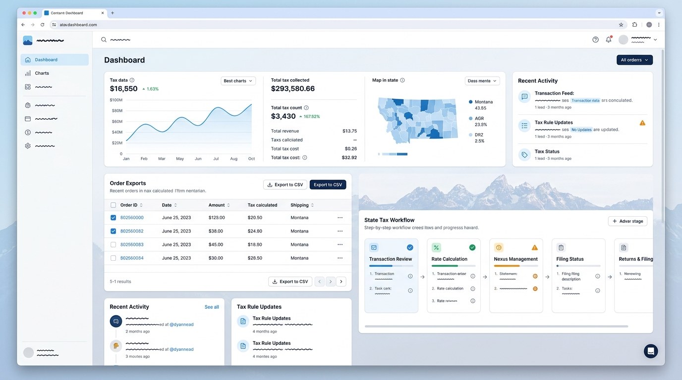 Modern ecommerce sales tax filing dashboard for Montana merchants