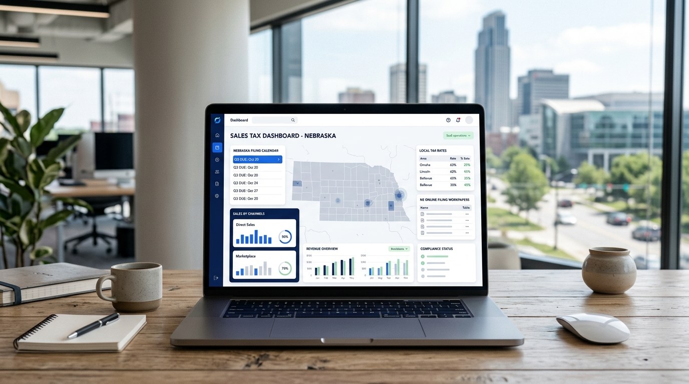 Modern ecommerce sales tax filing dashboard for Nebraska merchants
