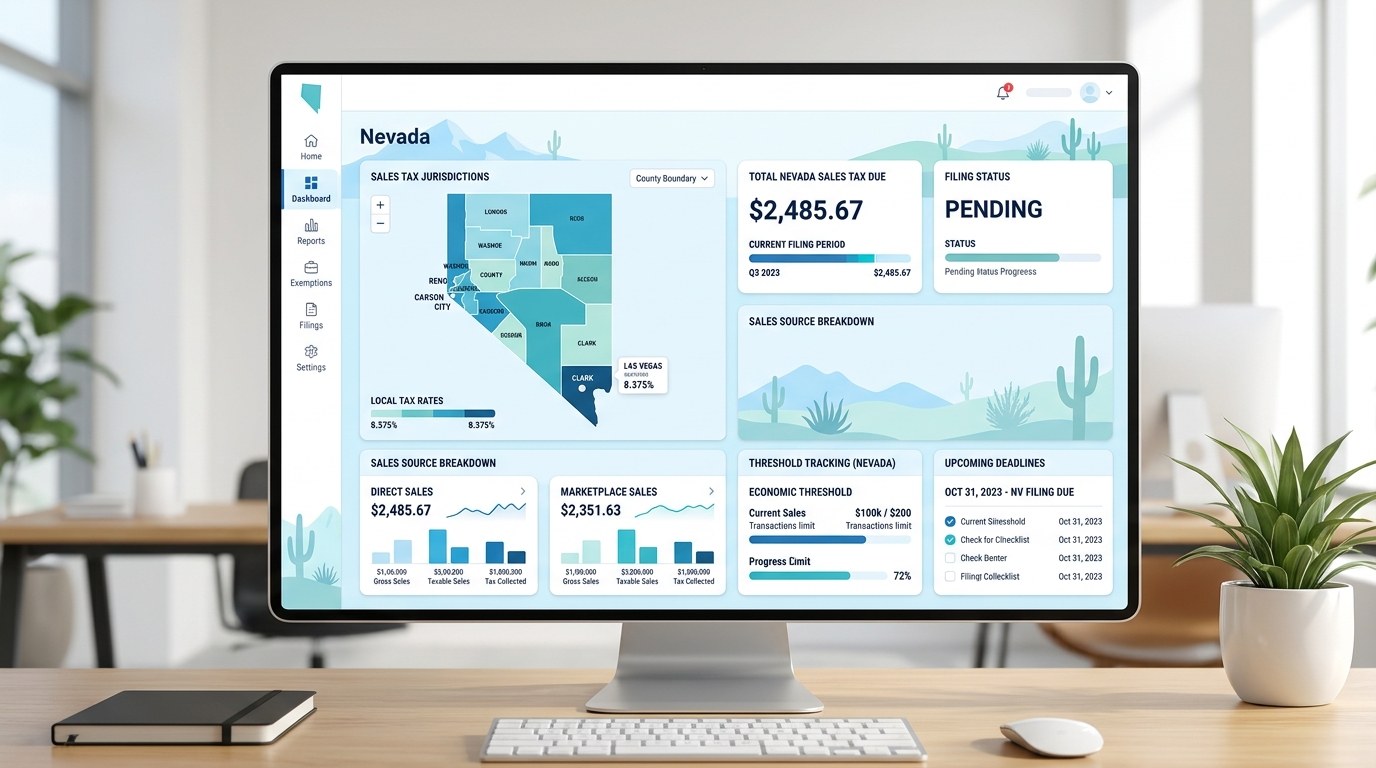 Modern ecommerce sales tax filing dashboard for Nevada merchants