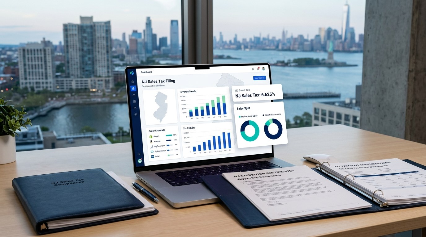 Modern ecommerce sales tax filing dashboard for New Jersey merchants