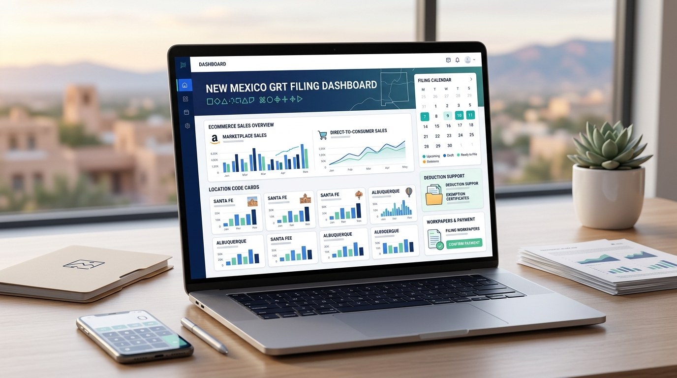 Modern ecommerce gross receipts tax filing dashboard for New Mexico merchants