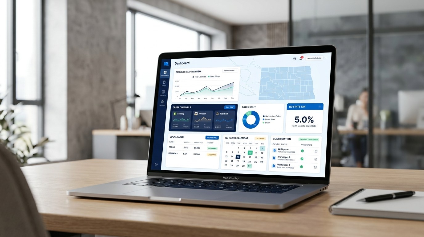 Modern ecommerce sales tax filing dashboard for North Dakota merchants