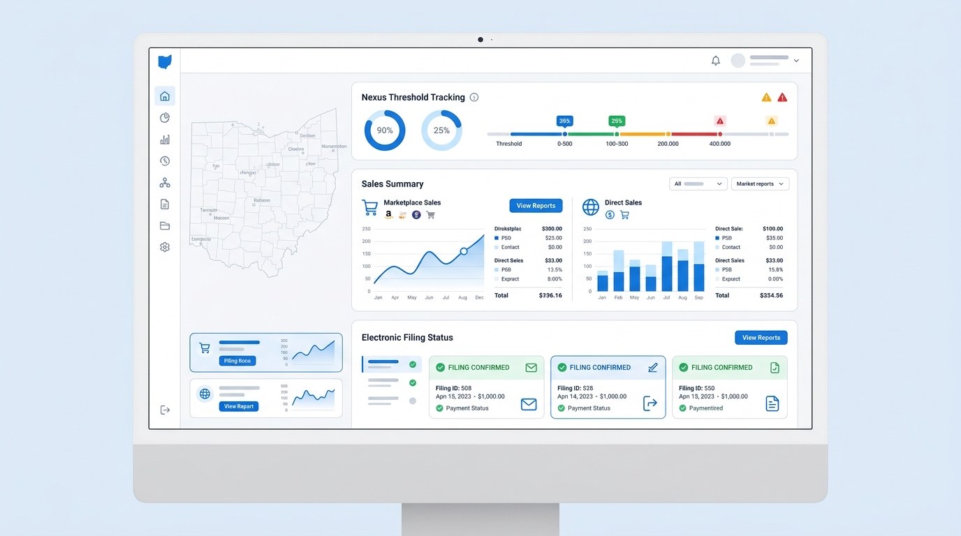 Modern ecommerce sales tax filing dashboard for Ohio merchants