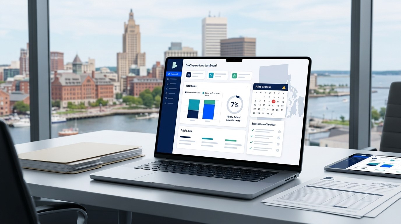 Modern ecommerce sales tax filing dashboard for Rhode Island merchants