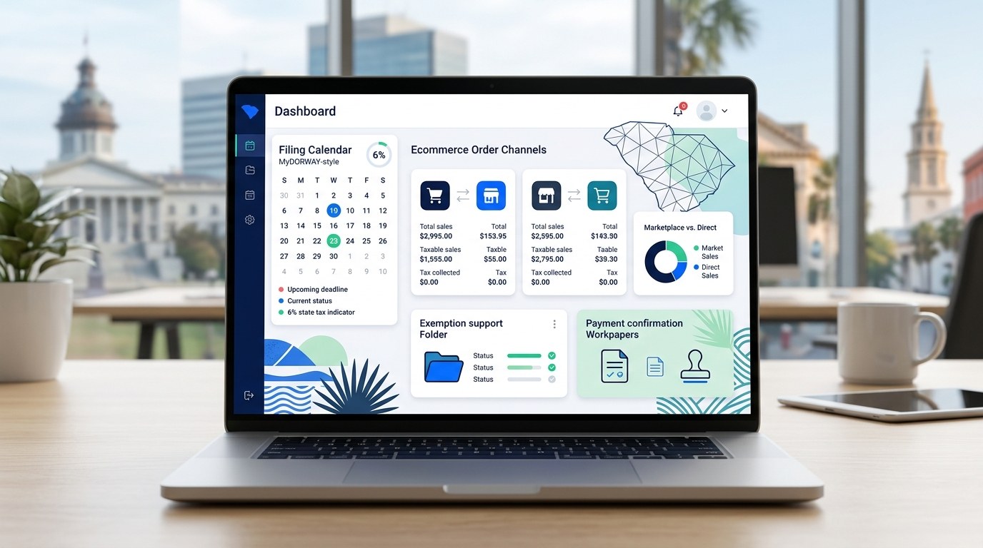 Modern ecommerce sales tax filing dashboard for South Carolina merchants