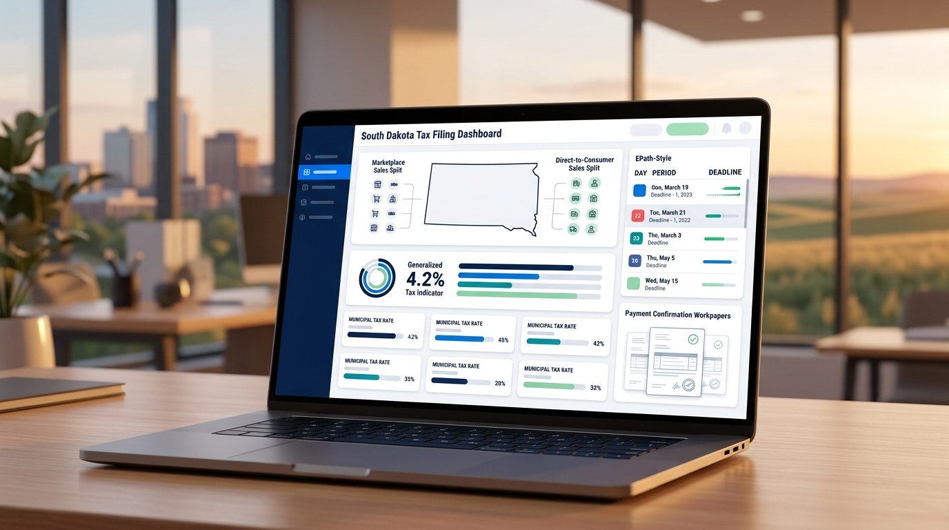 Modern ecommerce sales tax filing dashboard for South Dakota merchants