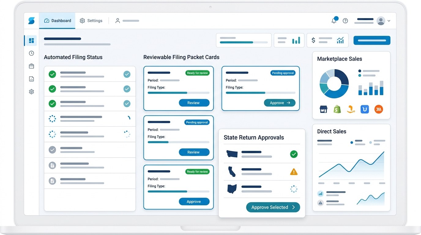 Modern ecommerce sales tax filing workflow dashboard compared with automated filing software