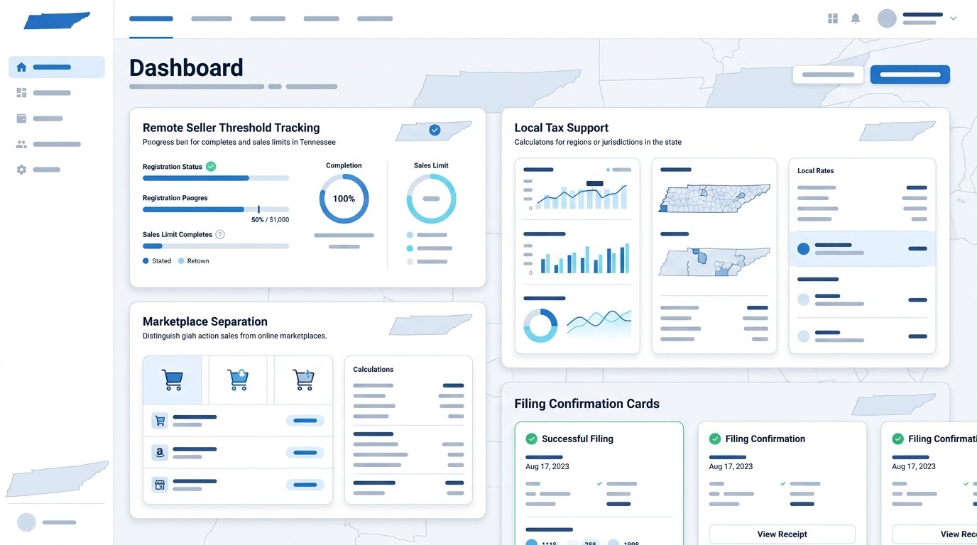Modern ecommerce sales tax filing dashboard for Tennessee merchants