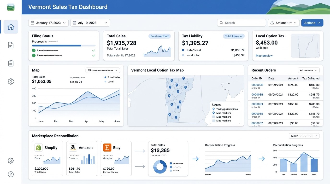 Modern ecommerce sales tax filing dashboard for Vermont merchants