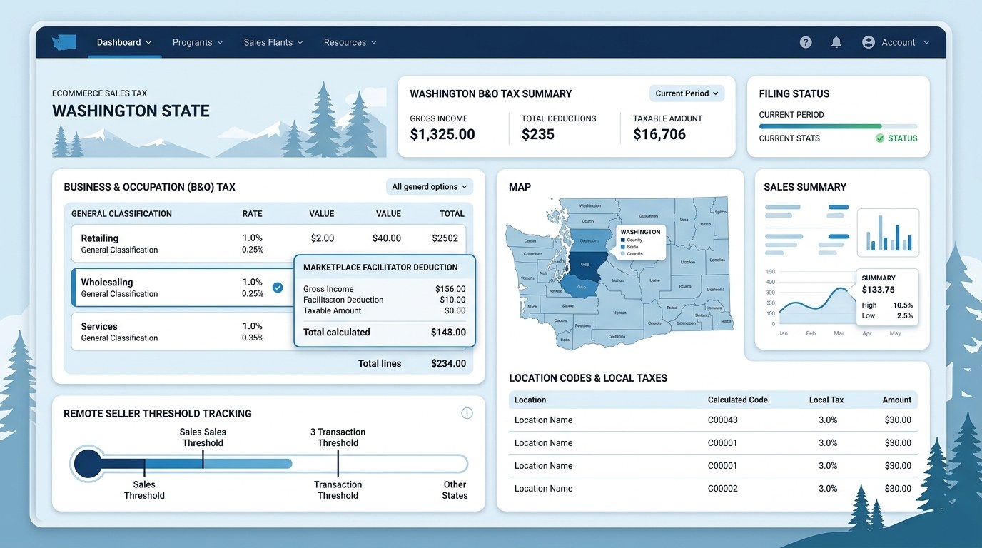 Modern ecommerce sales tax filing dashboard for Washington merchants