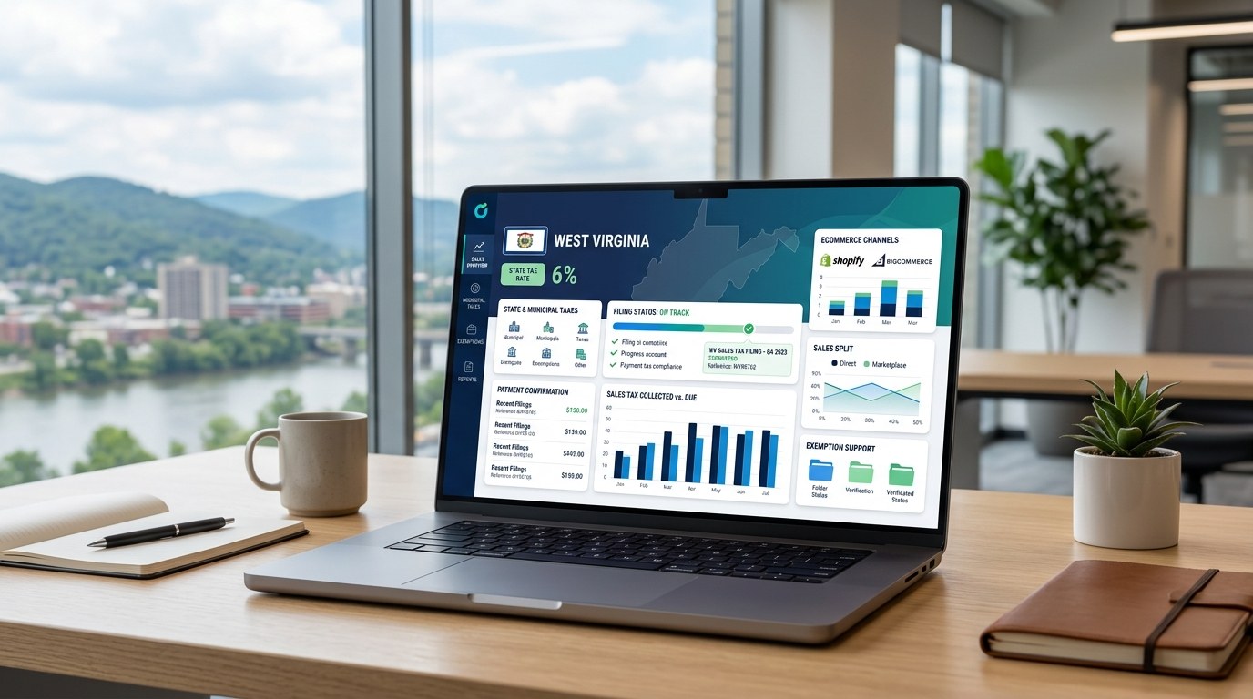 Modern ecommerce sales tax filing dashboard for West Virginia merchants