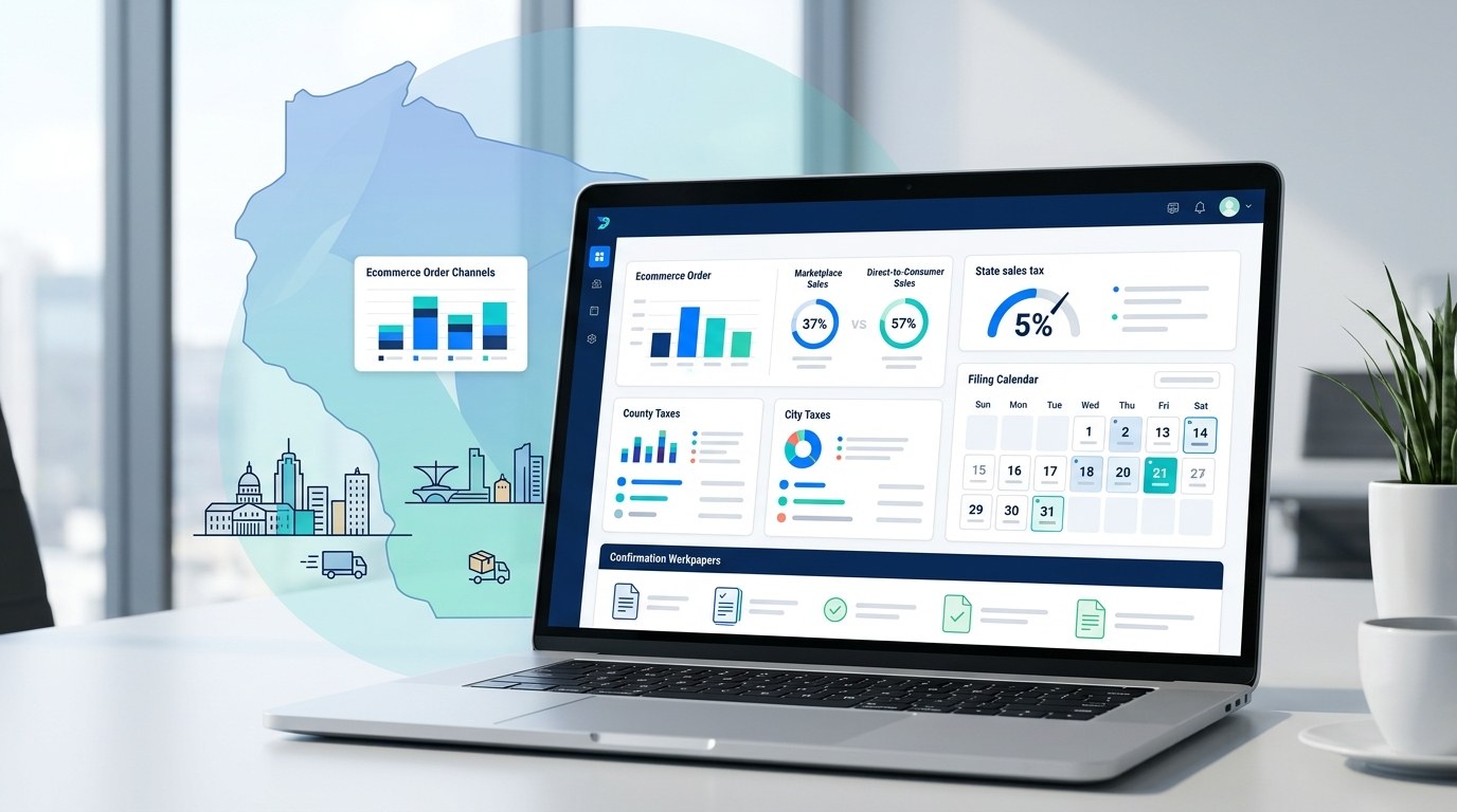 Modern ecommerce sales tax filing dashboard for Wisconsin merchants