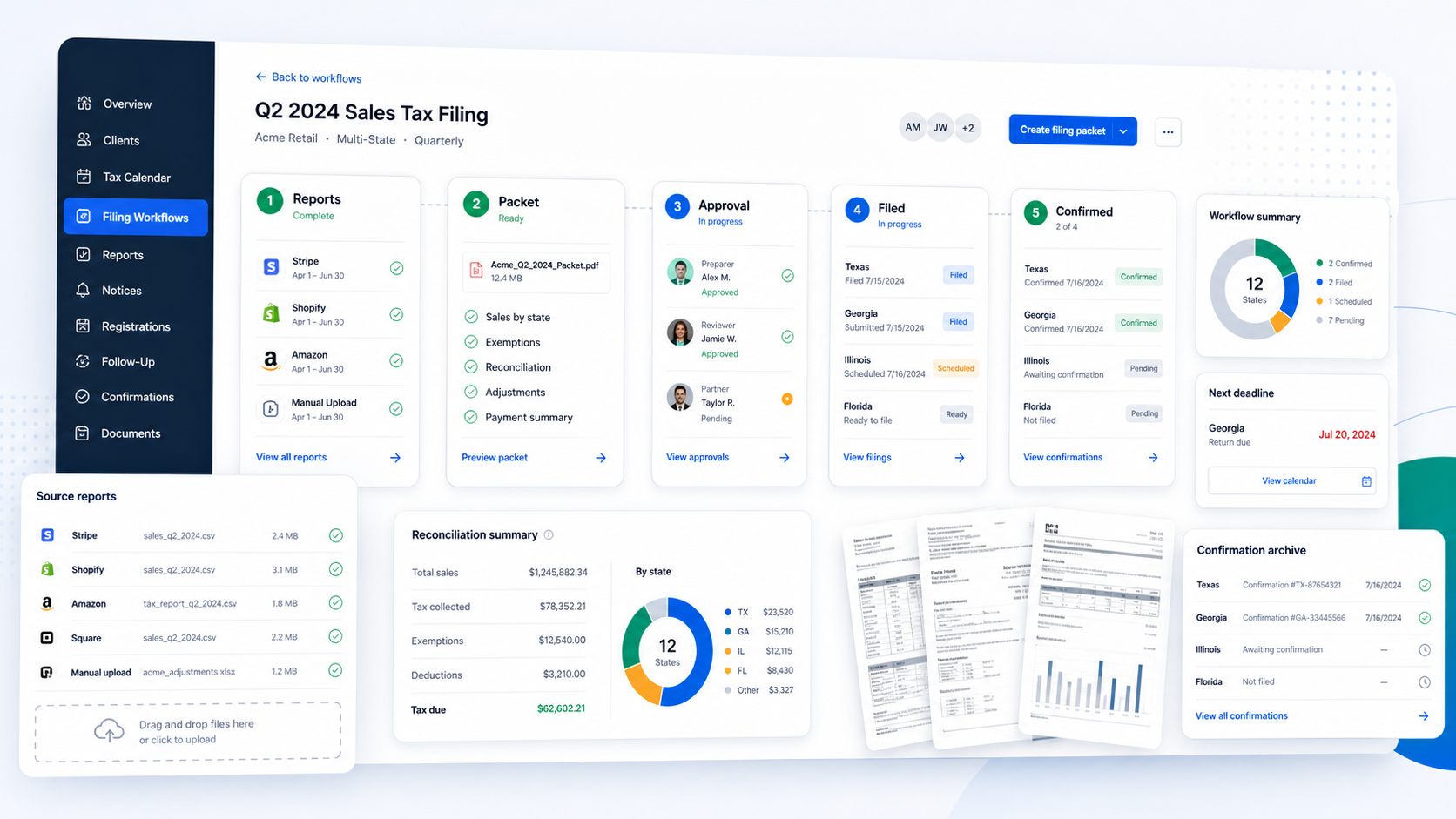 AtomicTax filing package workflow with source reports, approval, filing, and confirmation archive