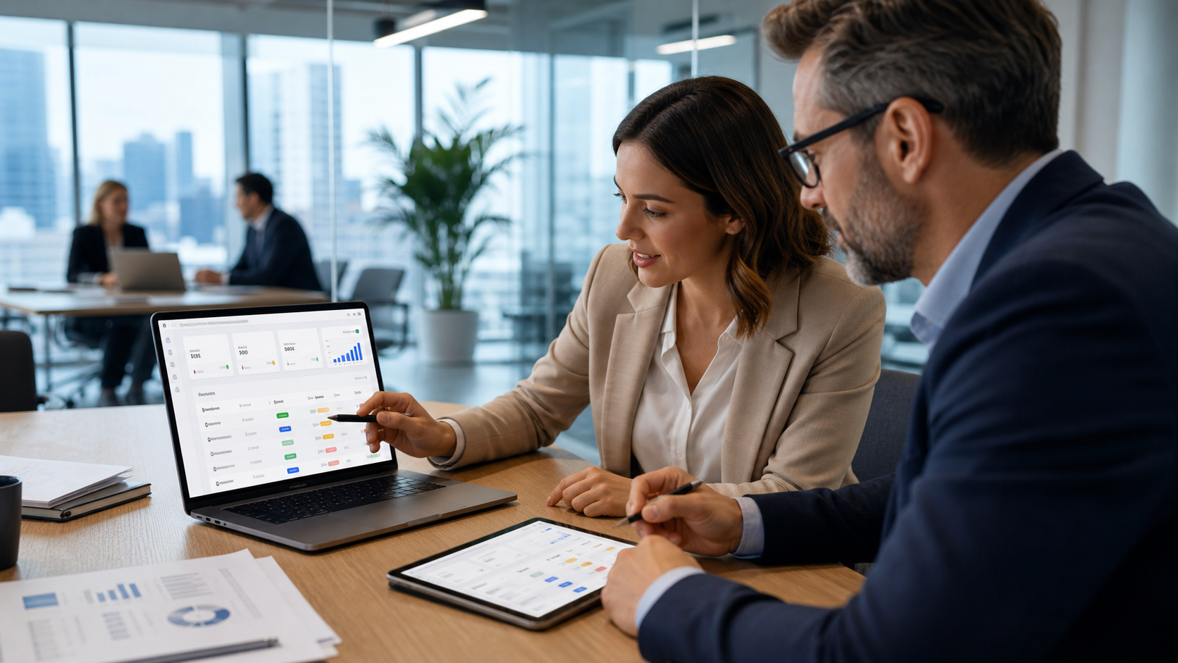 Accounting professionals reviewing a tax operations dashboard