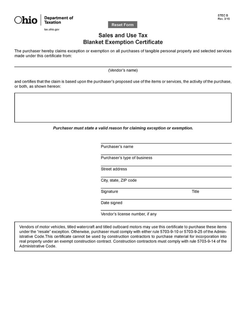 Ohio resale certificate form