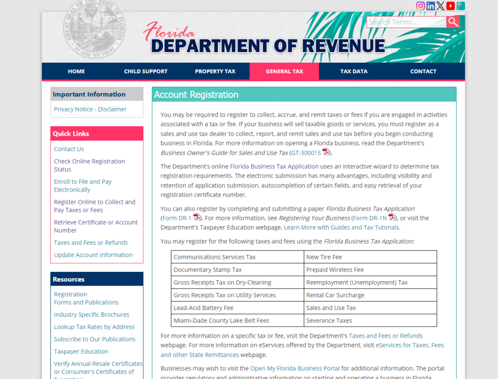 Florida department of revenue homepage-sales tax permit application page